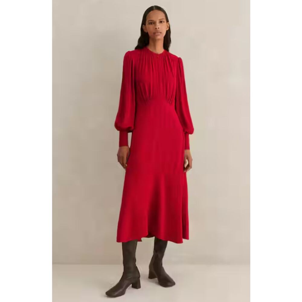 ME+EM Red Panelled Midi Dress Modern Crepe Half Zip Long Sleeve Women's 10